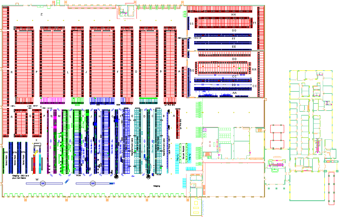 Warehouse layout with layer picker and stretch wrapper for triple walkie riders.